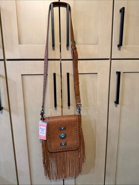 Montana West Tan Fringe Crossbody Bag with Stud and Concho Detail